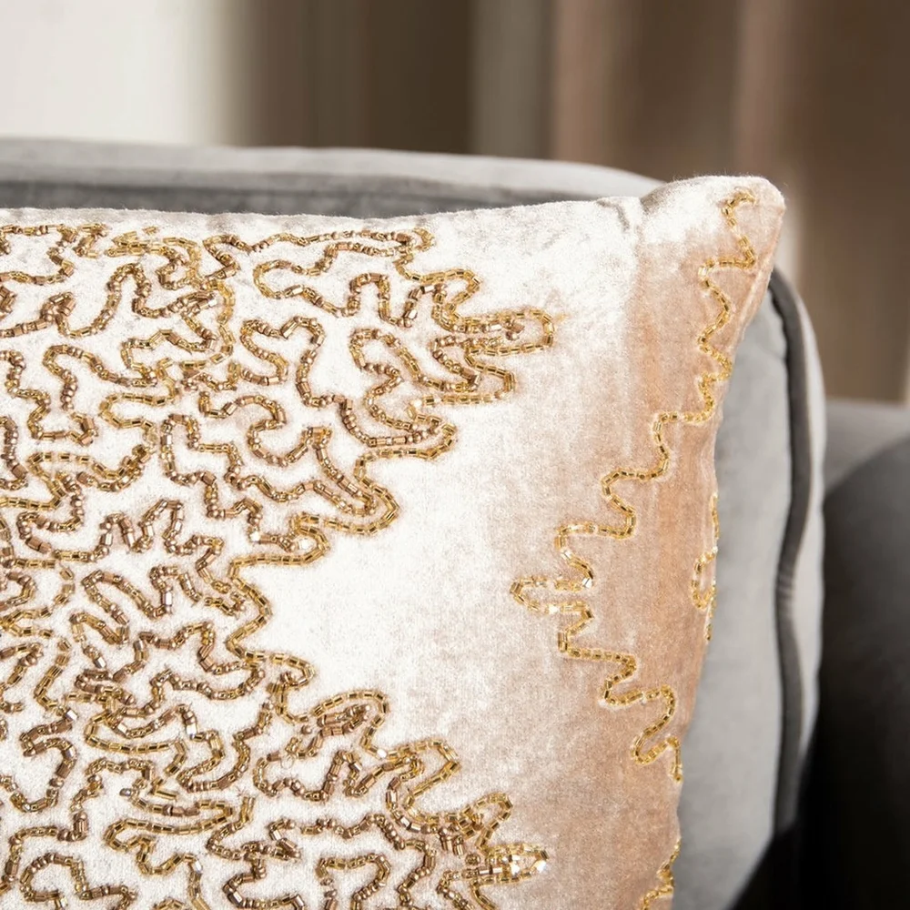 Safavieh Throw Pillow Beaded Gold Sparkle Velvet Golden Beige 18” Square NWT